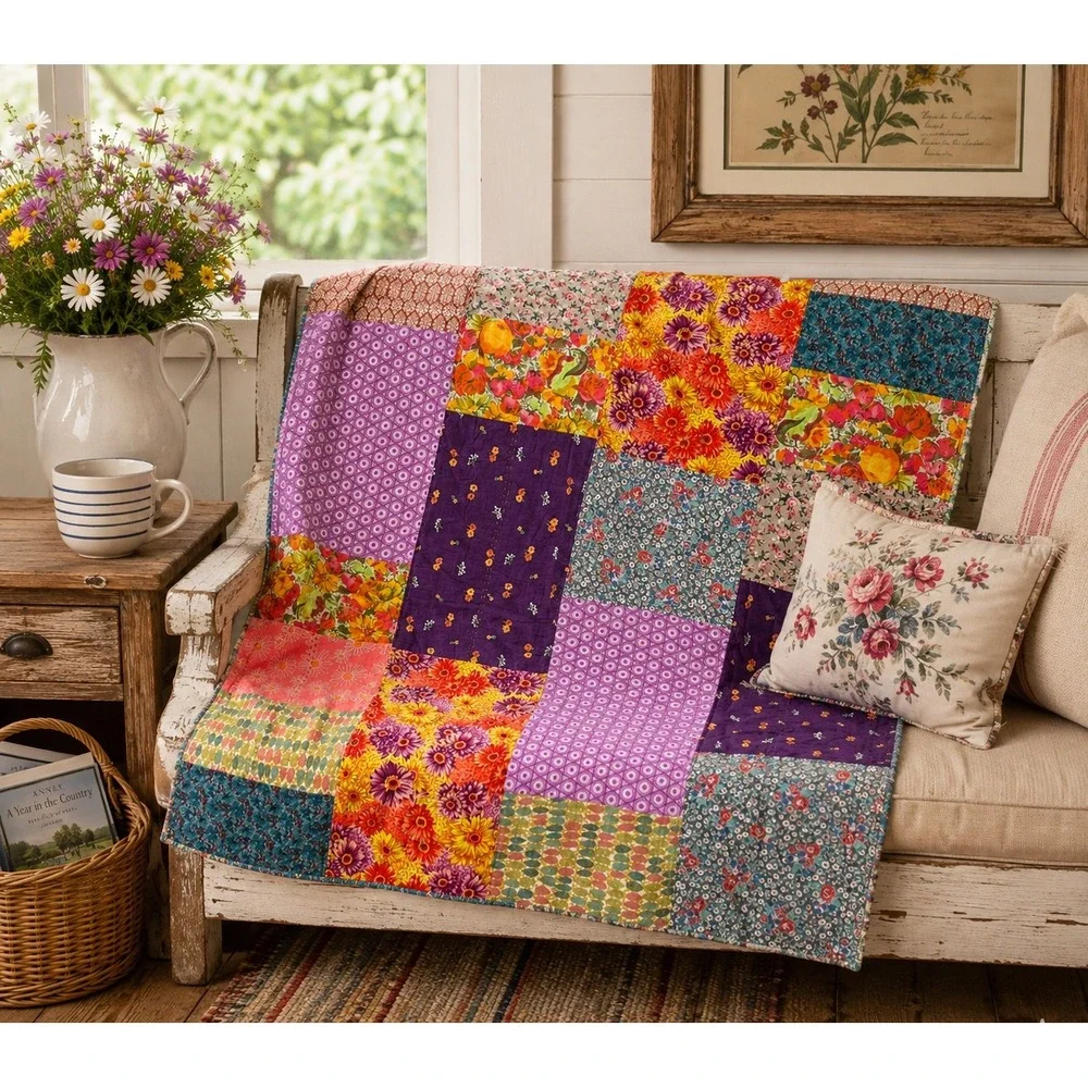 Vintage‎ Hand Stitched Patchwork Kantha 50x44 Quilt Floral Multi Color Teal Back